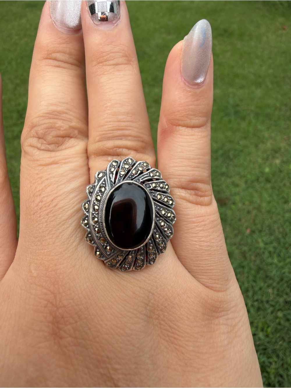 925 Sterling Silver Vintage Black Onyx Oval Ring
